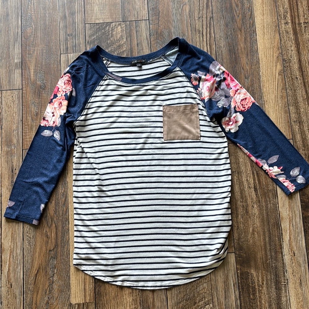 Floral Sleeve Striped Long Sleeve Tee